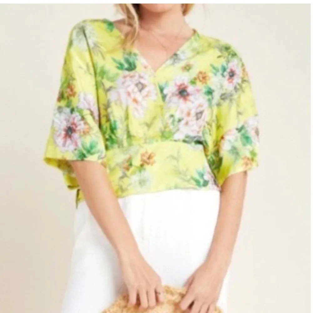 Anthropologie Marika Silk Blend Floral Blouse Dopamine
